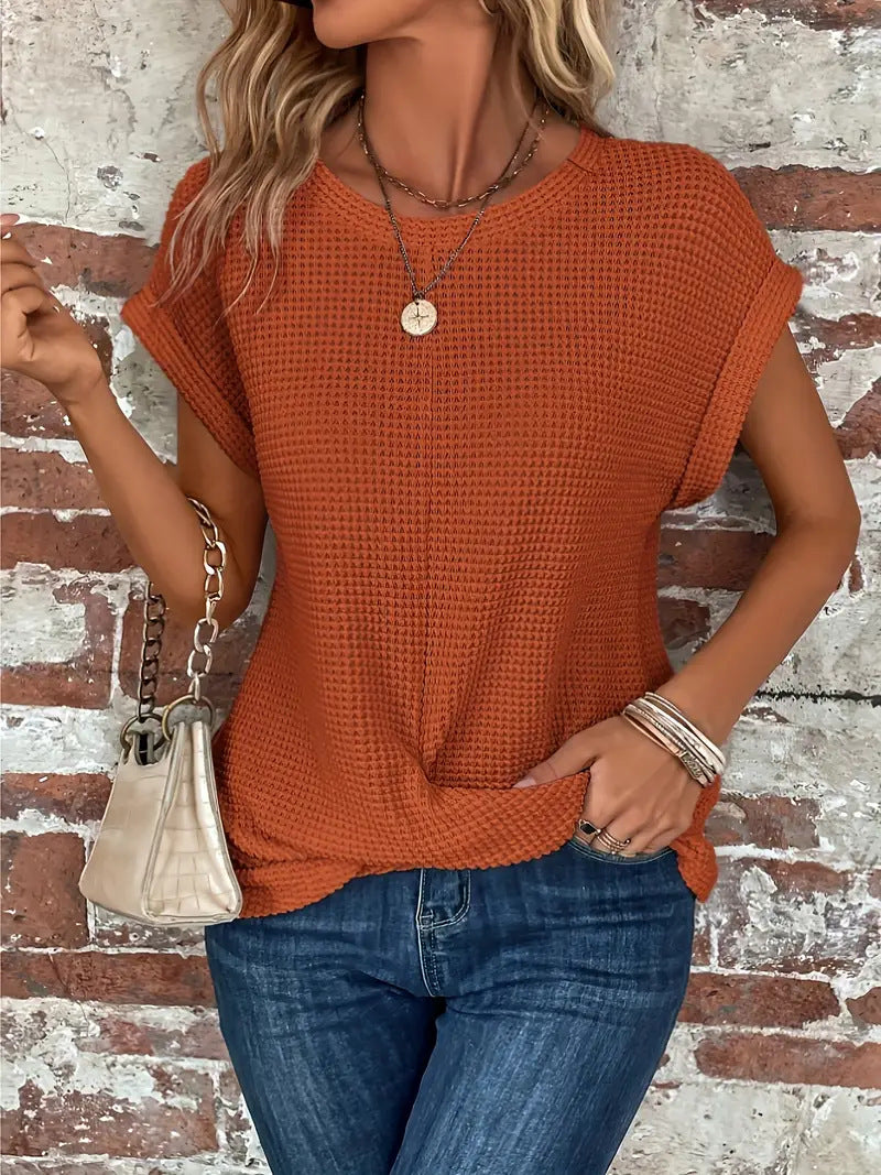 Blusa Texturada de Manga Curta com Botões e Corte Clássico