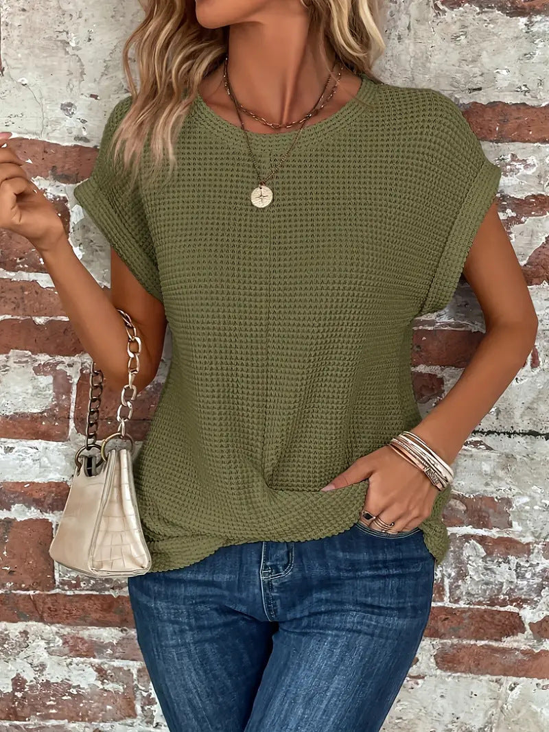 Blusa Texturada de Manga Curta com Botões e Corte Clássico