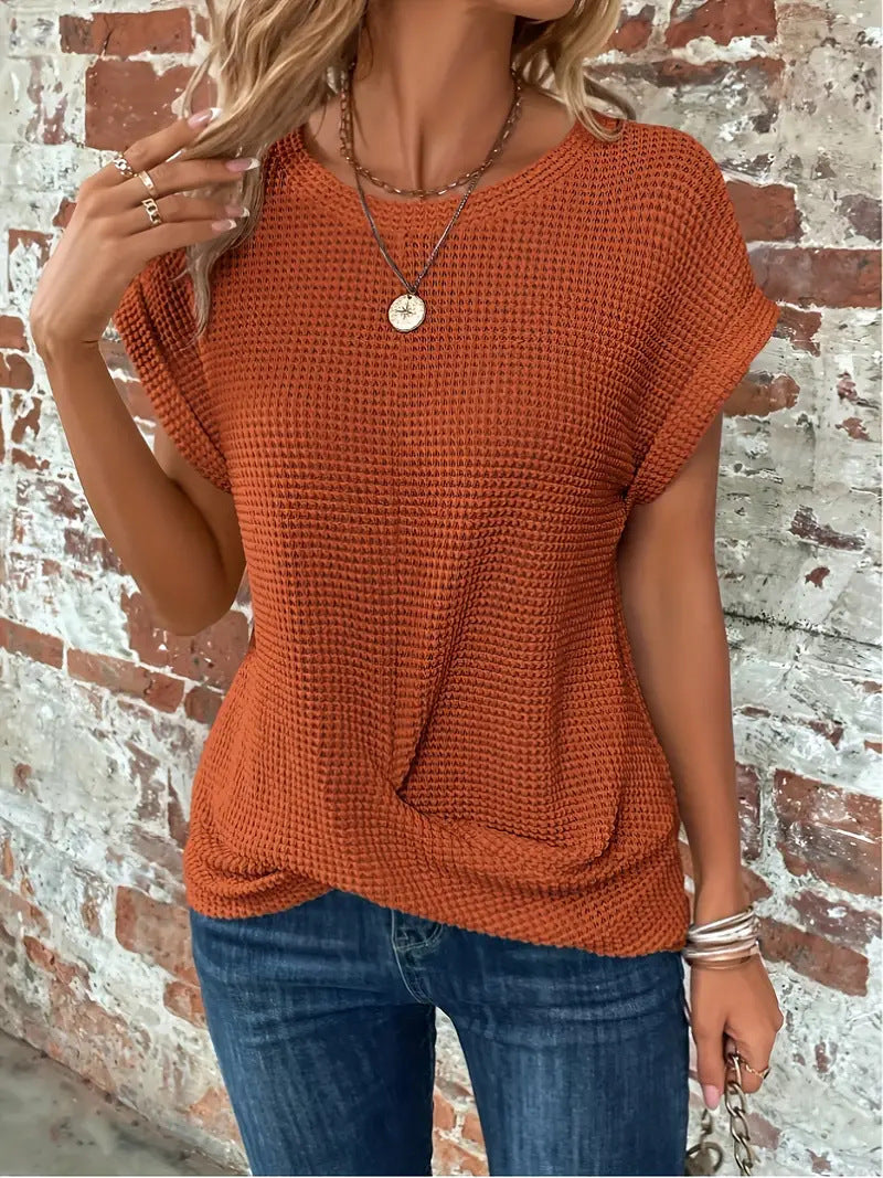 Blusa Texturada de Manga Curta com Botões e Corte Clássico