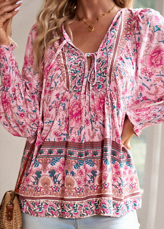 Blusa Floral de Manga Comprida com Laço no Decote