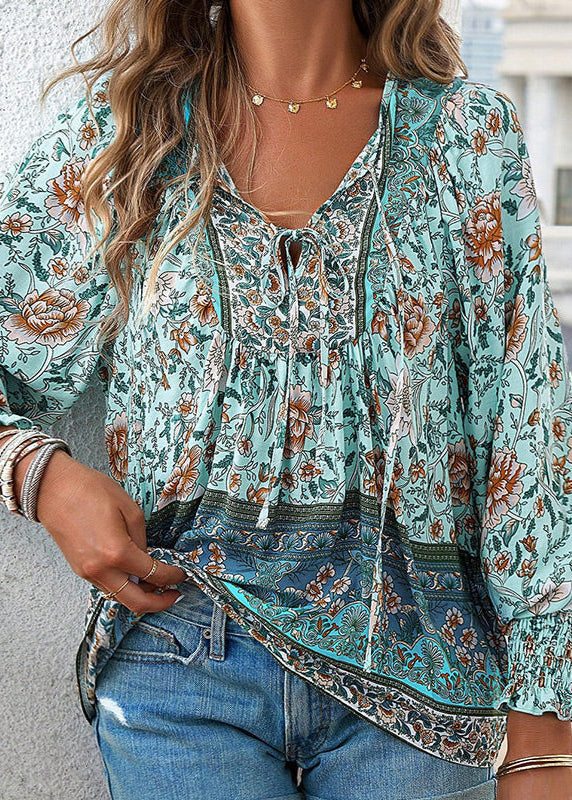 Blusa Floral de Manga Comprida com Laço no Decote