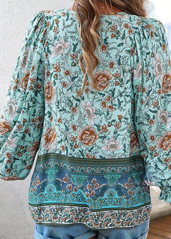 Blusa Floral de Manga Comprida com Laço no Decote