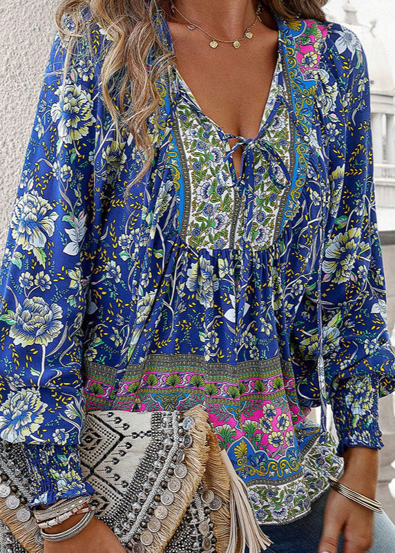 Blusa Floral de Manga Comprida com Laço no Decote