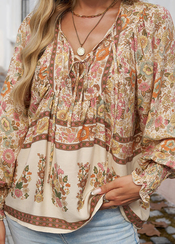 Blusa Floral de Manga Comprida com Laço no Decote
