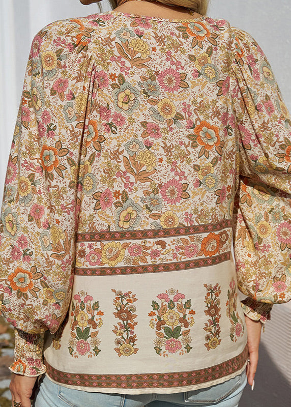 Blusa Floral de Manga Comprida com Laço no Decote