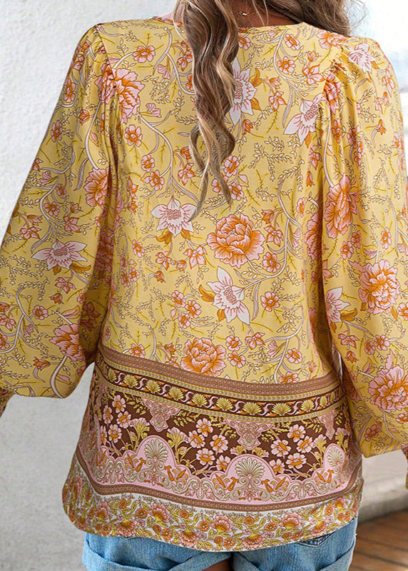 Blusa Floral de Manga Comprida com Laço no Decote
