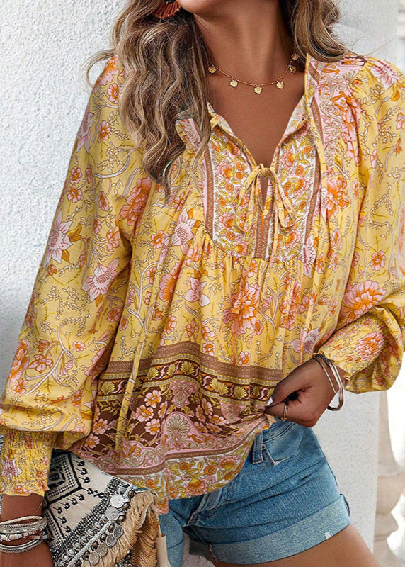 Blusa Floral de Manga Comprida com Laço no Decote