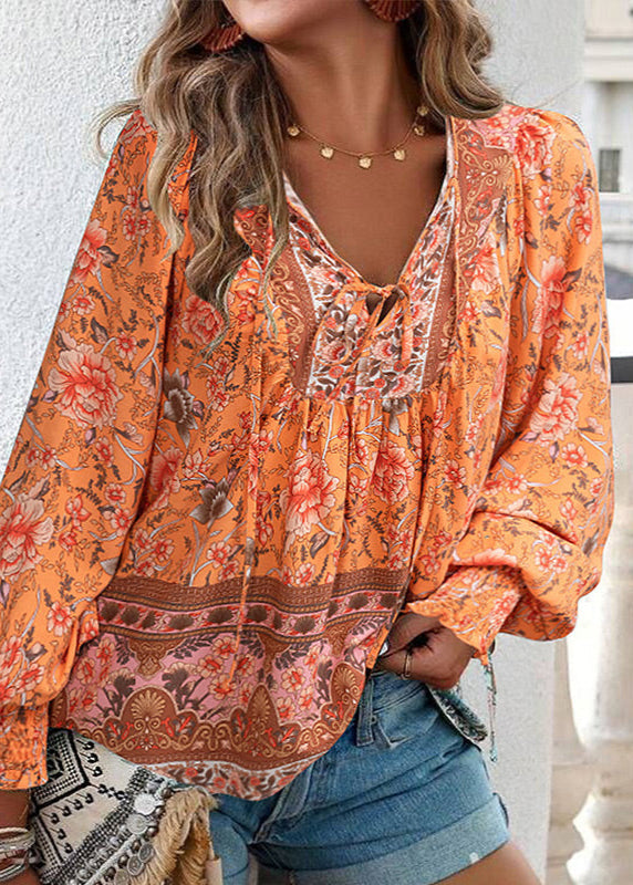 Blusa Floral de Manga Comprida com Laço no Decote