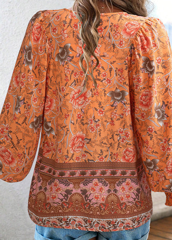 Blusa Floral de Manga Comprida com Laço no Decote