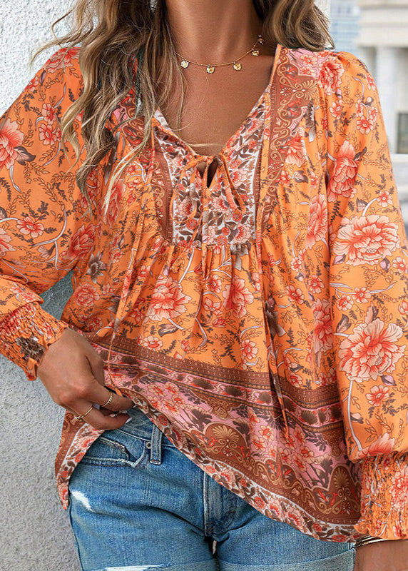 Blusa Floral de Manga Comprida com Laço no Decote