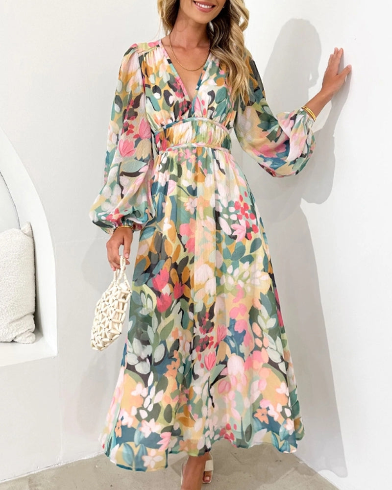 Liria - Vestido Maxi Floral com Mangas Compridas e Decote em V