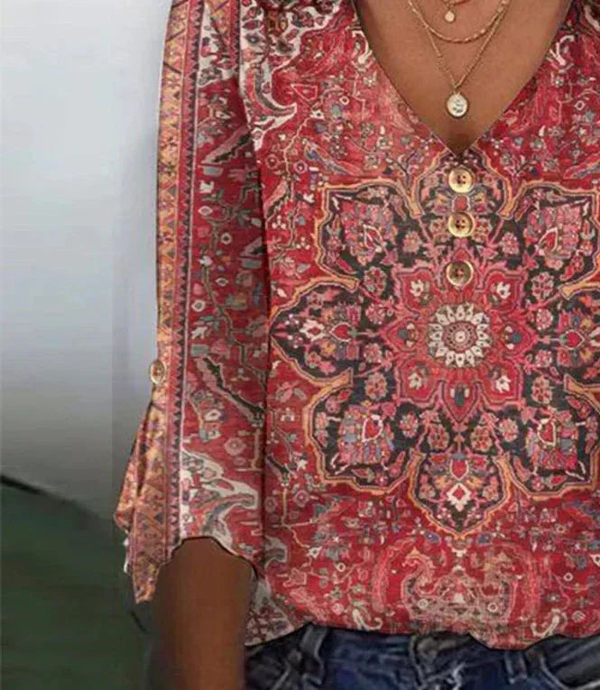 Blusa Floral com Decote em V e Mangas Soltas